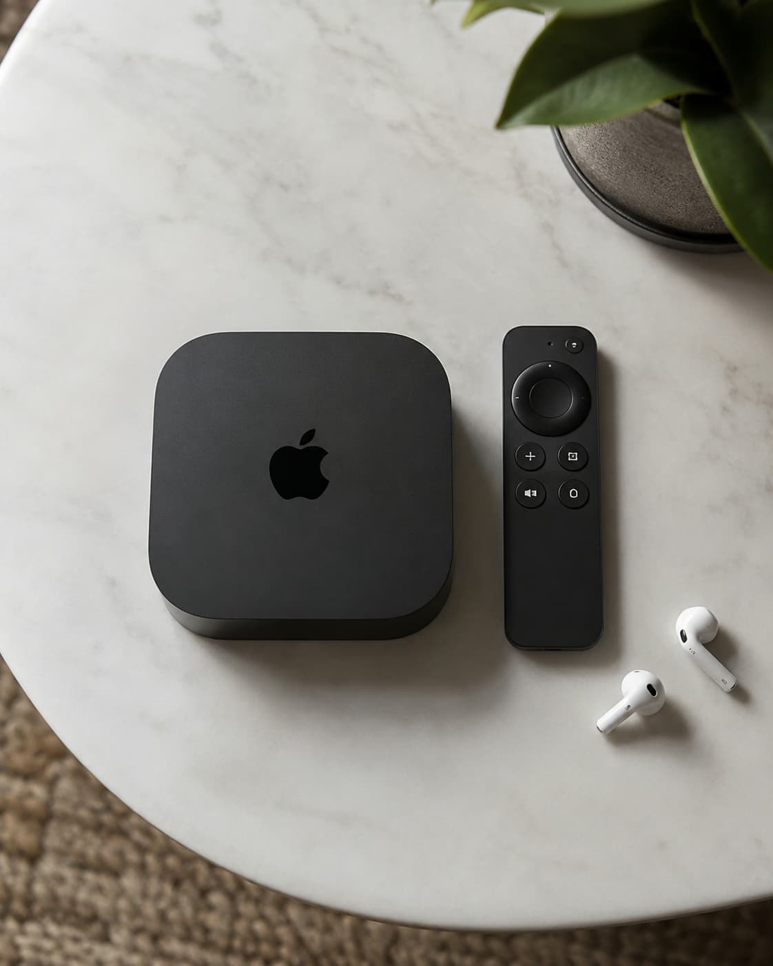 Apple TV mit Remote und Earbuds als Apple Ãkosystem Symbolbild