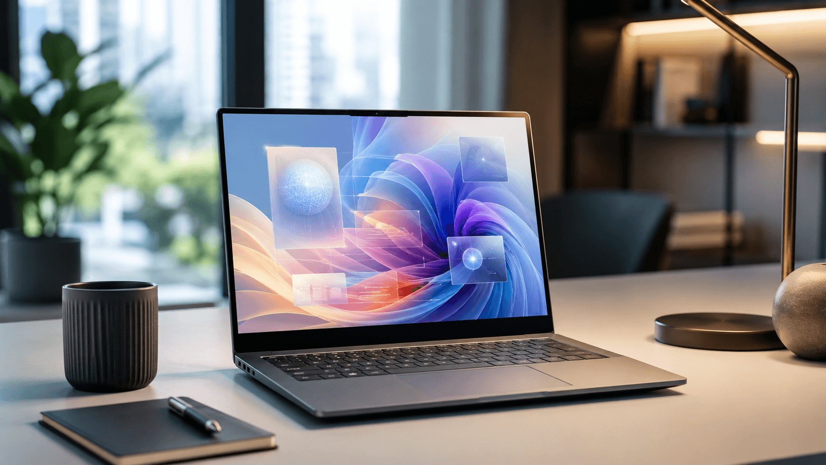 Premium Copilot Plus PC Laptop auf modernem Schreibtisch mit abstrakter KI-OberflÃ¤che