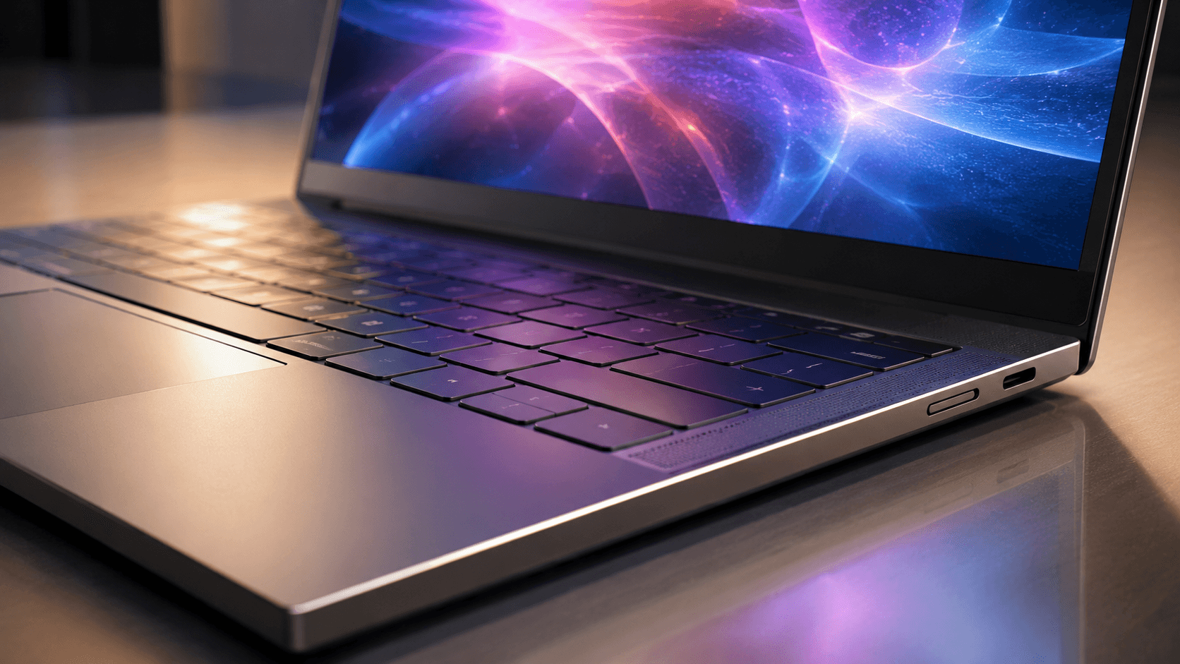 Nahaufnahme eines modernen KI Laptops mit Premium Hardware und abstrakter AI Anzeige