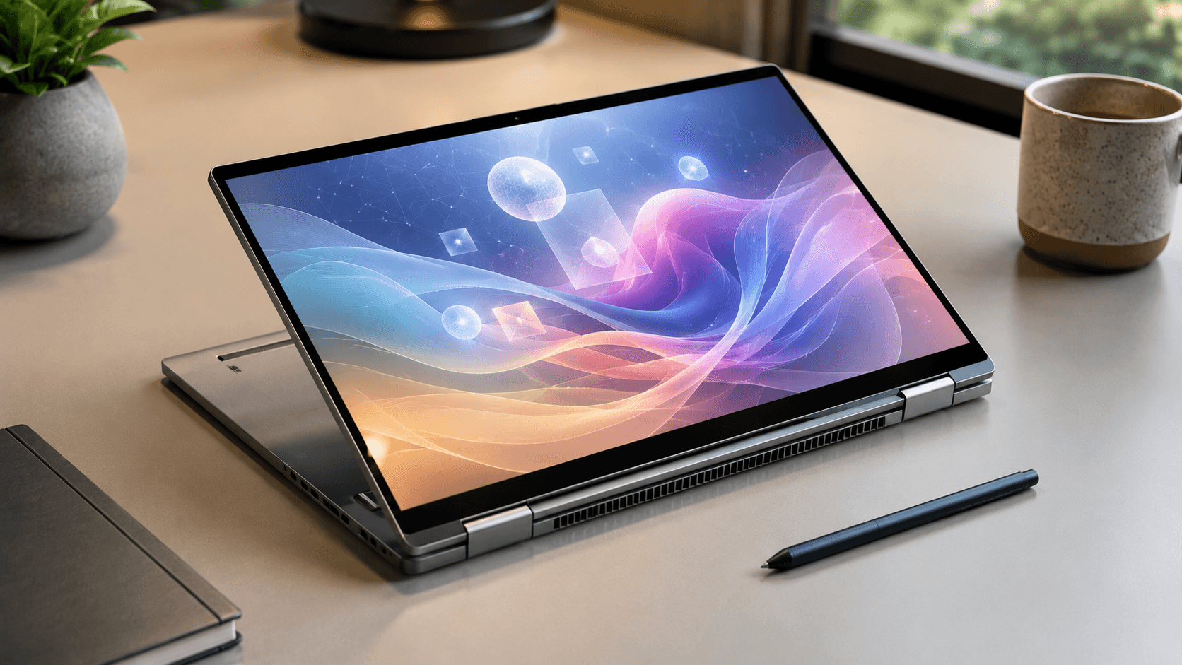 Convertible KI Laptop im 2 in 1 Modus mit abstrakter AI OberflÃ¤che