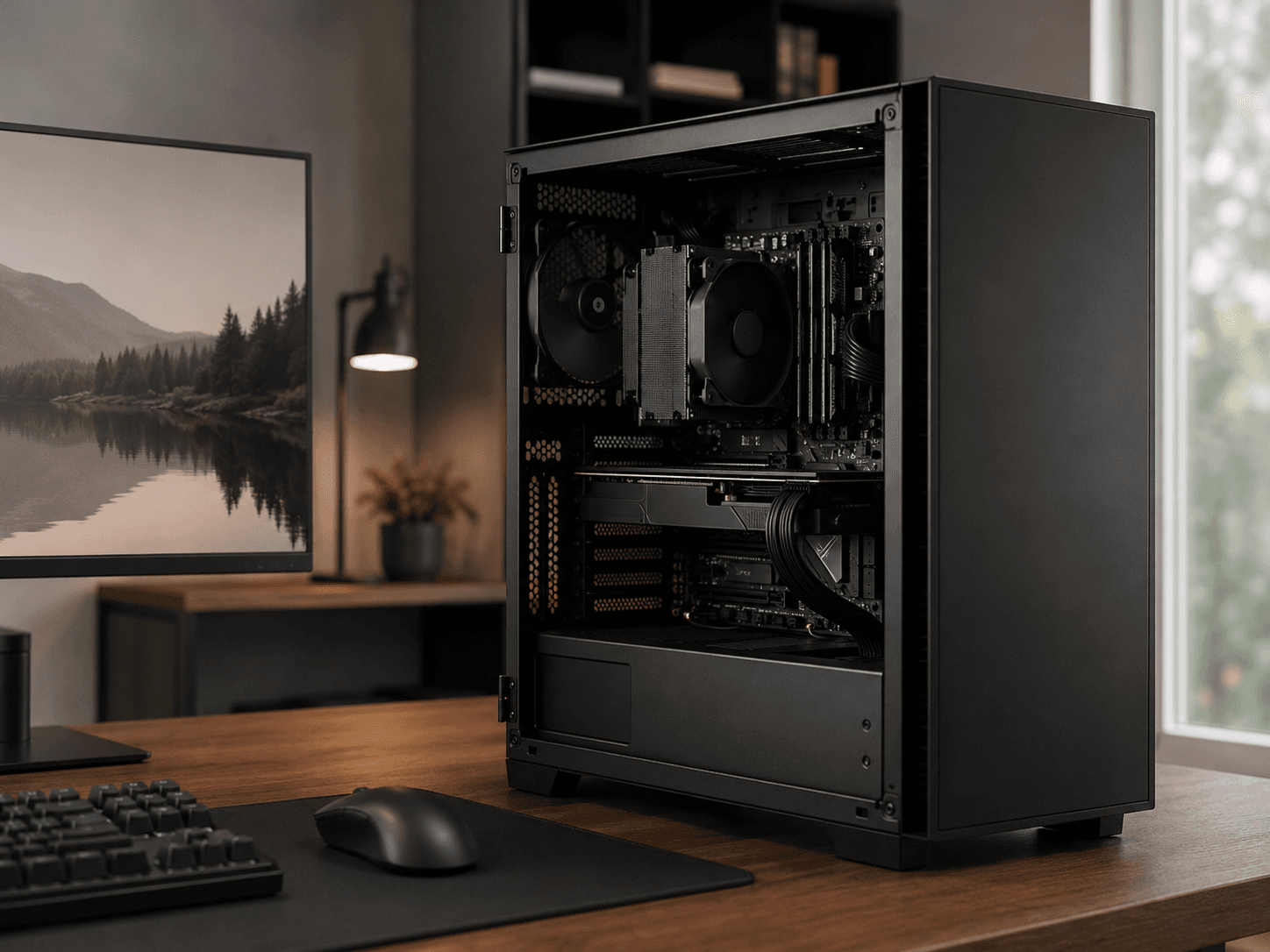 AufrÃ¼stbarer Desktop Multimedia PC mit geÃ¶ffneter Seitenwand