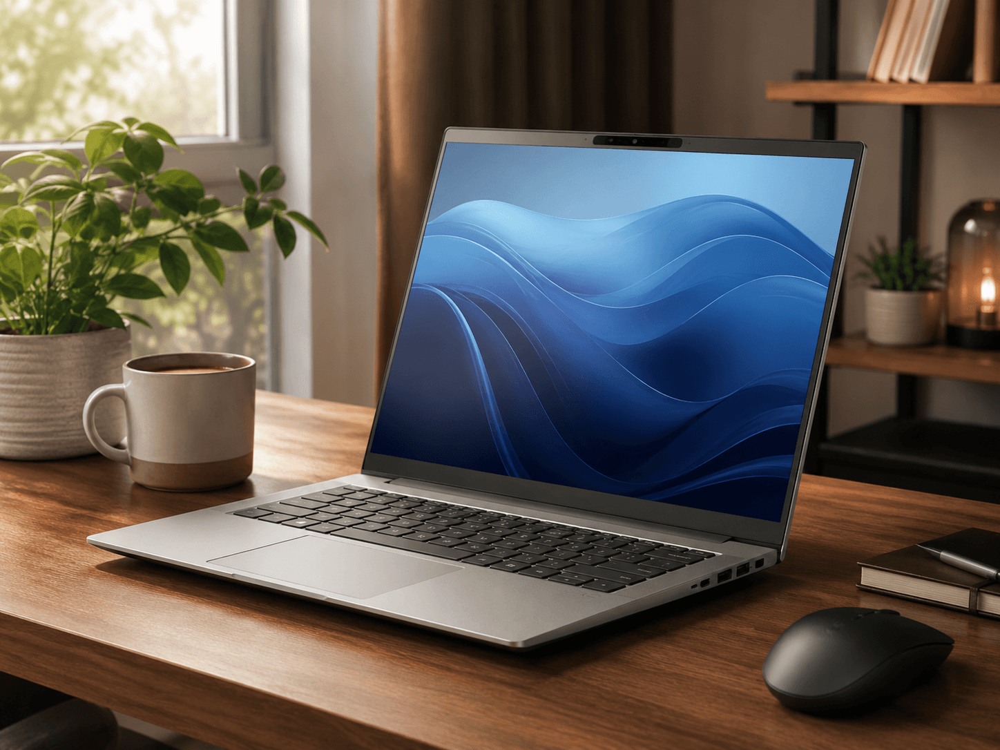 HP Laptop fÃ¼r Homeoffice auf einem warmen modernen Schreibtisch