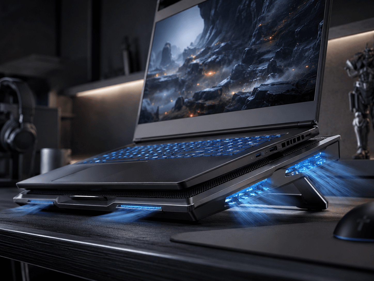 Gaming Laptop auf KÃ¼hlpad mit aktiver BelÃ¼ftung und moderner Schreibtischumgebung