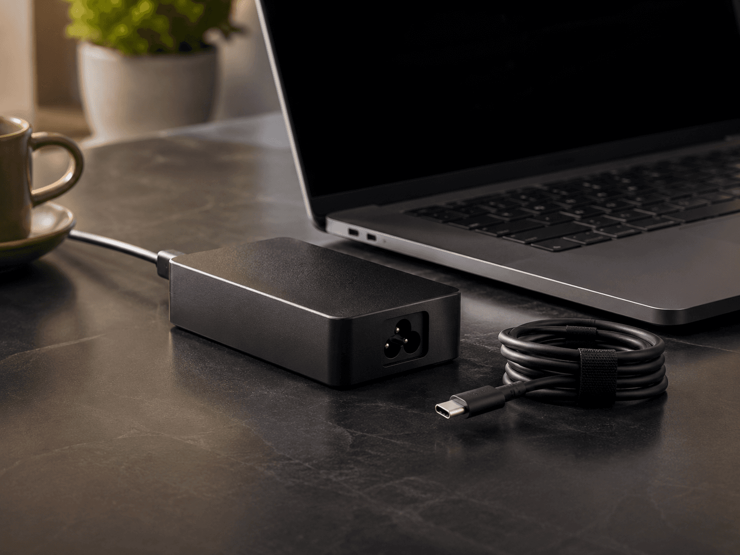 Laptop Netzteil und USB-C LadegerÃ¤t neben einem modernen Notebook auf einem Schreibtisch