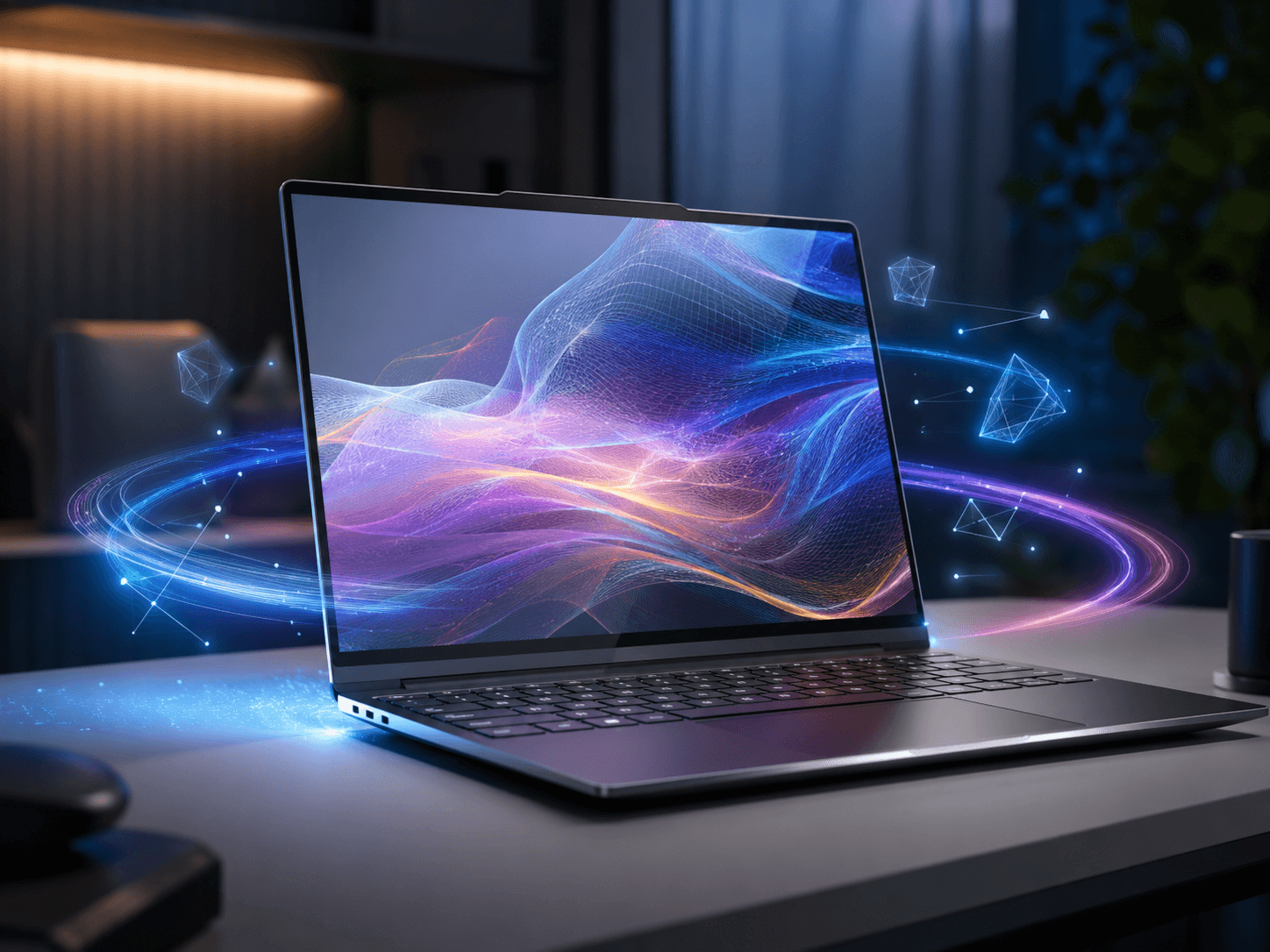 Lenovo KI Laptop und Copilot Plus PC mit futuristischen digitalen Effekten
