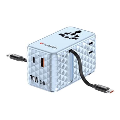 VERBATIM Charge 'n' Travel 70W GaN III Universal Travel Adapter with 2 Retractable USB-C Cables, 1 x