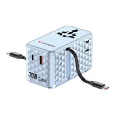 VERBATIM Charge 'n' Travel 70W GaN III Universal Travel Adapter with 2 Retractable USB-C Cables, 1 x