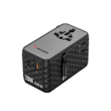VERBATIM Charge 'n' Travel 70W GaN III Universal Travel Adapter with 2 Retractable USB-C Cables, 1 x