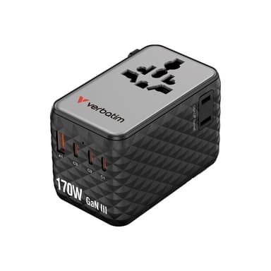 VERBATIM Charge 'n' Travel 170W GaN III Universal Travel Adapter with 3 x USB-C, 1 x USB-A Ports