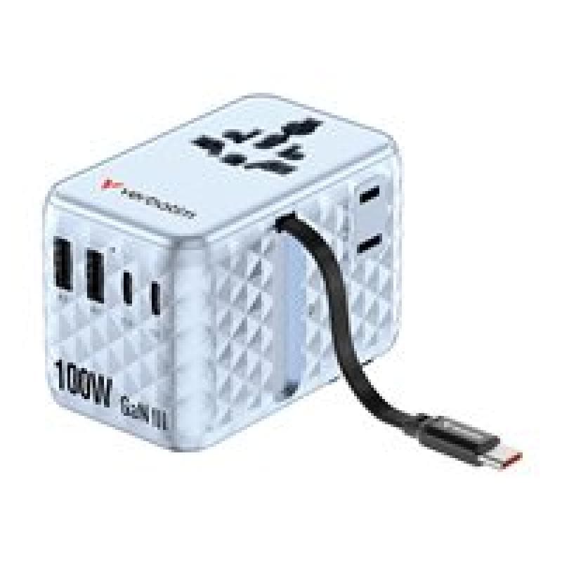 VERBATIM Charge 'n' Travel 100W GaN III Universal Travel Adapter with Retractable USB-C Cable, 2 x U