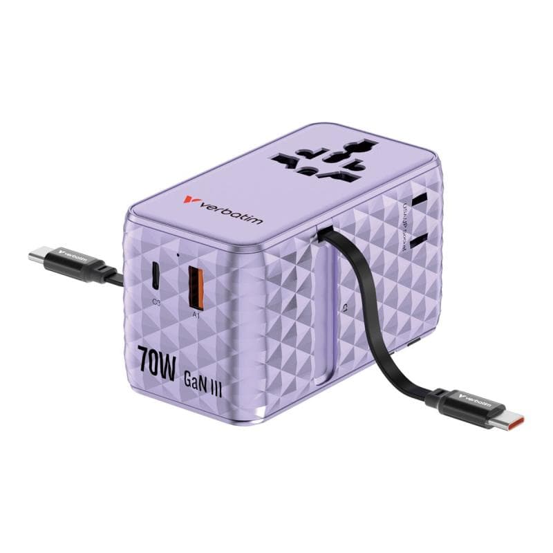 VERBATIM Charge 'n' Travel 70W GaN III Universal Travel Adapter with 2 Retractable USB-C Cables, 1 x
