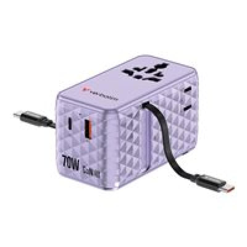 VERBATIM Charge 'n' Travel 70W GaN III Universal Travel Adapter with 2 Retractable USB-C Cables, 1 x