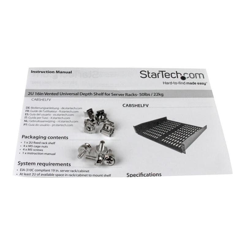 STARTECH.COM 2 HE Fest montierter Universal Fachboden für Server Rack/ Schrank bis 22 Kg - 40 cm Tie