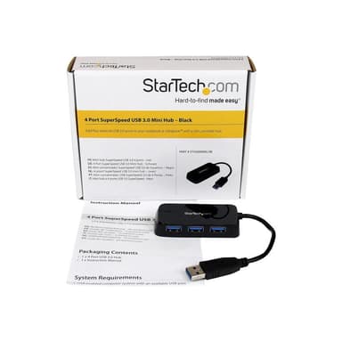 STARTECH.COM 4 Port USB 3.0 SuperSpeed Hub - Schwarz - Portabler externer Mini USB Hub mit eingebaut