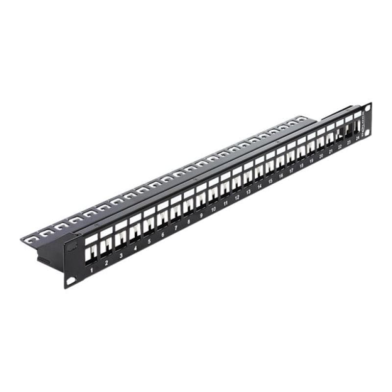 DELOCK Modulträger für 24 Keystone-Anschlussbuchsen, 19″, mit Zugentlastungsschiene, schwarz
