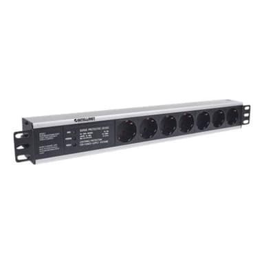 INTELLINET 48,3cm 19Zoll Steckdosenleiste 7-fach SCHUKO mit Ueberspannungsschutz 3m Stromkabel 1,5 H