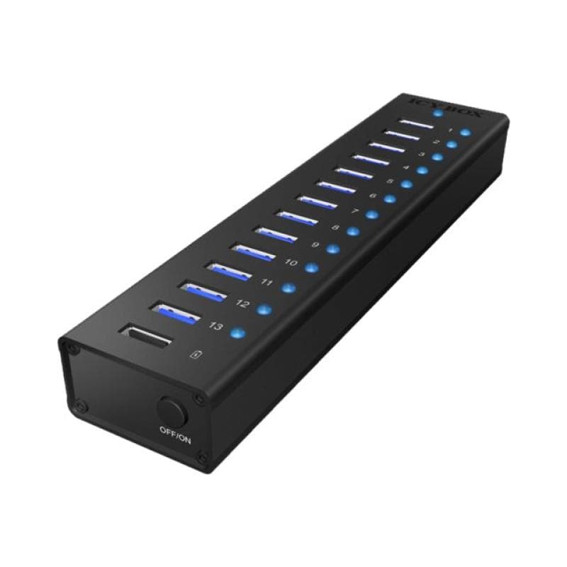 RAIDSONIC ICY BOX 13 Port USB 3.0 Hub mit USB Ladeport Hochwertiges Aluminium Gehaeuse 1x USB Ladepo