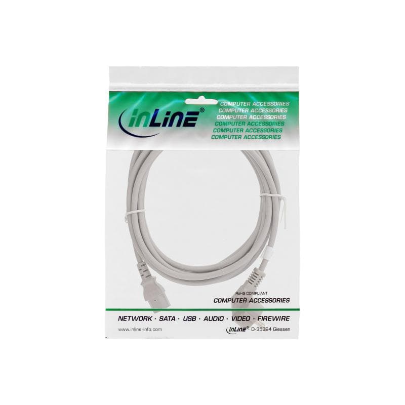 INLINE ® Netzkabel, Schutzkontakt gewinkelt auf Kaltgerätestecker C13, 5m, grau