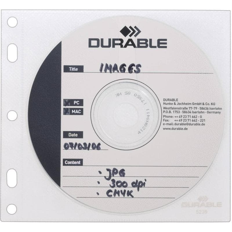 DURABLE CD/DVD-Hüllen für Ringbücher 10er-Set 5239-19 Transparent, Weiß 1 CD/DVD mit Booklet oder