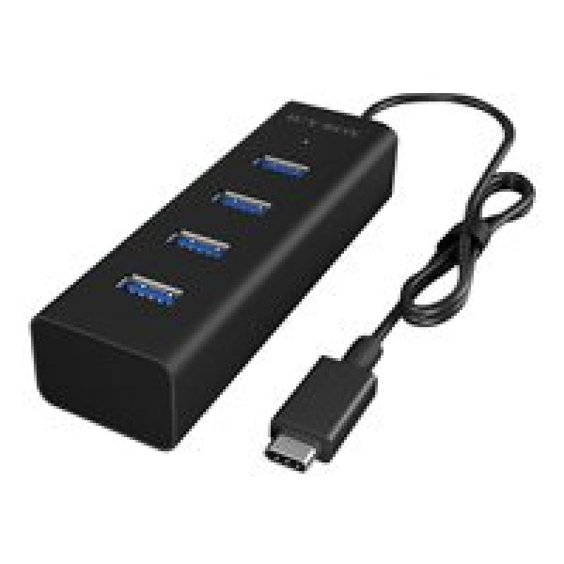 ICY BOX IB-Hub1409-C3 4 Port USB Type-C Hub unterstuetzt Datenuebertragung bis zu 5 Gbit/s und Plug