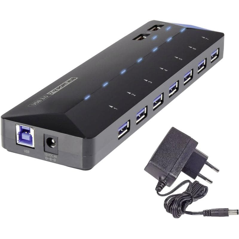 CONRAD 7+2 Port USB 3.0-Hub mit Schnellladeport, mit Status-LEDs Renkforce Schwarz