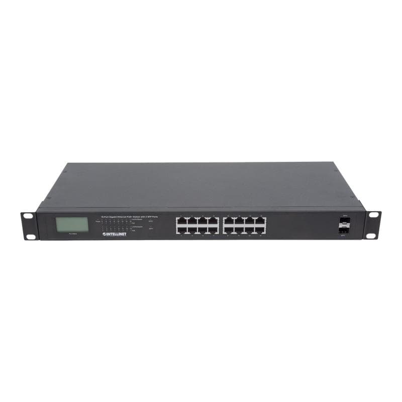 INTELLINET Switch 16-Port Gigabit PoE+ LCD-Anzeige 19″ 2xSFP