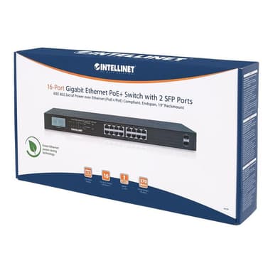 INTELLINET Switch 16-Port Gigabit PoE+ LCD-Anzeige 19″ 2xSFP