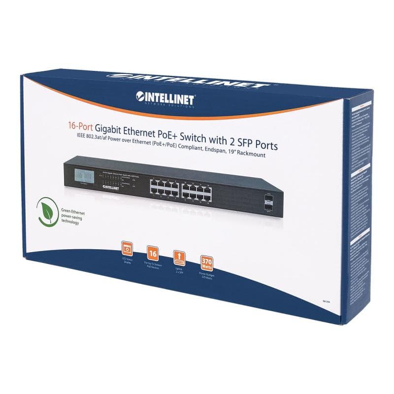 INTELLINET Switch 16-Port Gigabit PoE+ LCD-Anzeige 19″ 2xSFP