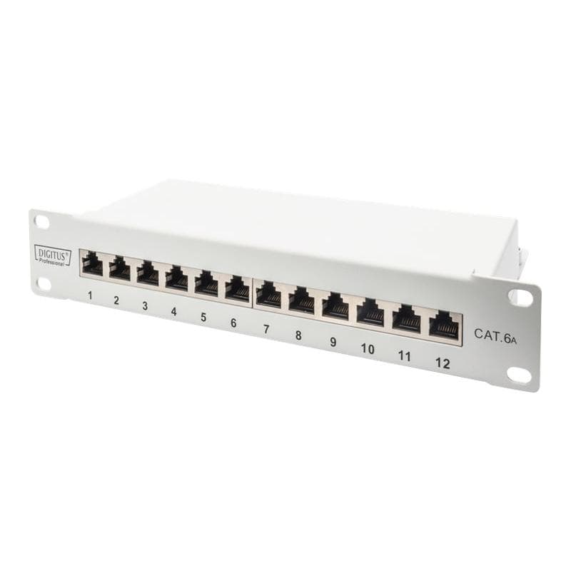 DIGITUS CAT 6A Patch Panel, geschirmt, 12-Port, 1HE, 10″, grau