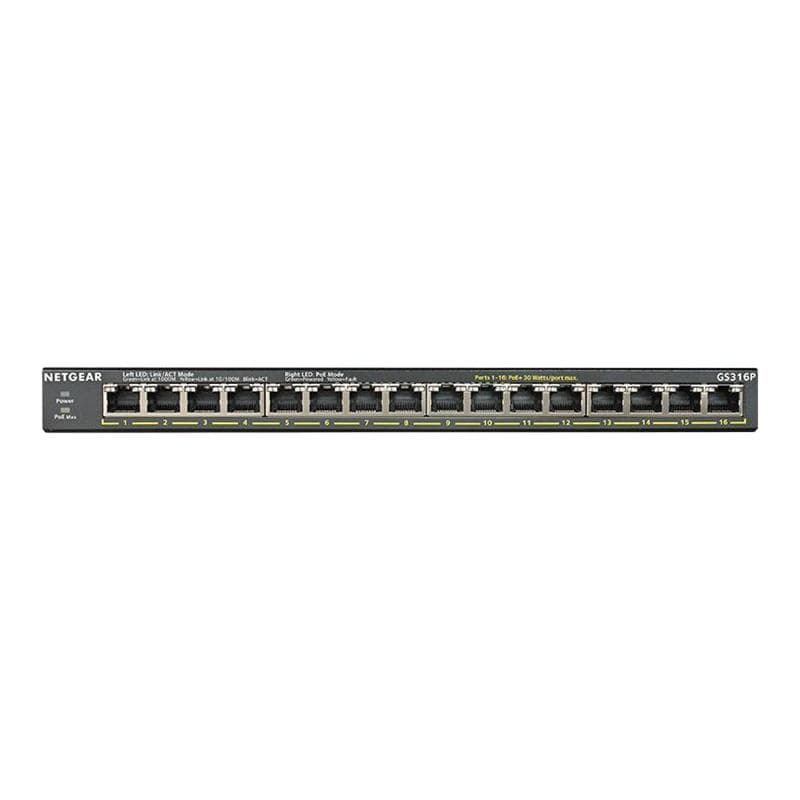 NETGEAR GS316P unmngd 16port Gigabit Ethern PoE+Switch, 115W PoE+bdgt, fanless, plug/play, expnd PoE