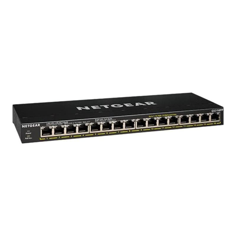 NETGEAR GS316P unmngd 16port Gigabit Ethern PoE+Switch, 115W PoE+bdgt, fanless, plug/play, expnd PoE