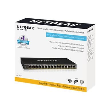 NETGEAR GS316P unmngd 16port Gigabit Ethern PoE+Switch, 115W PoE+bdgt, fanless, plug/play, expnd PoE