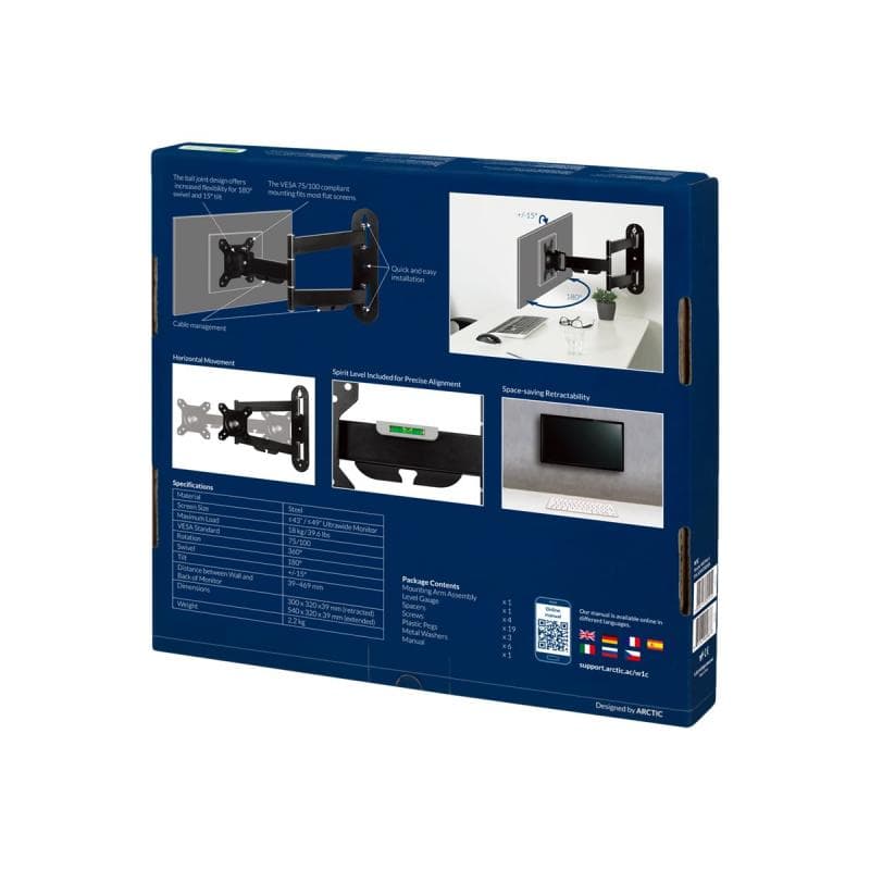 ARCTIC W1C Monitor-Wandhalterung - 13 bis 49 Zoll, 15° Neigung, 360° Rotation, 180° Drehgelenk, Kabe