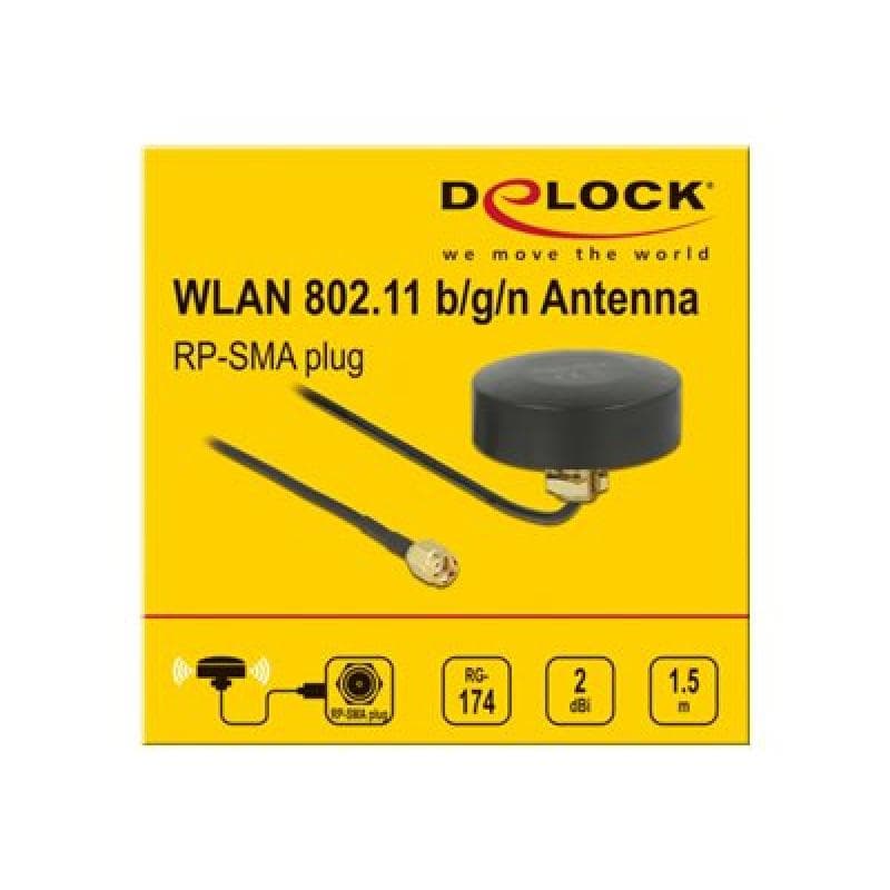 DELOCK WLAN 802.11 b/g/n Antenne RP-SMA Stecker 2 dBi starr omnidirektional mit Anschlusskabel RG-17