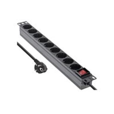 INLINE 19″ Steckdosenleiste, 9-fach Schutzkontakt, mit Schalter, 2m, schwarz