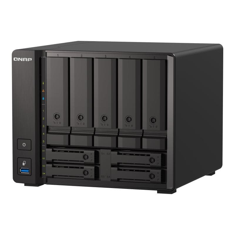 QNAP 9-bay NAS, AMD Ryzen V1500B 4C 8T 2.2GHz, 32GB DDR4 SODIMM, 5 x 2.5″/3.5″ SATA 6Gbps + 2 x 2.5″