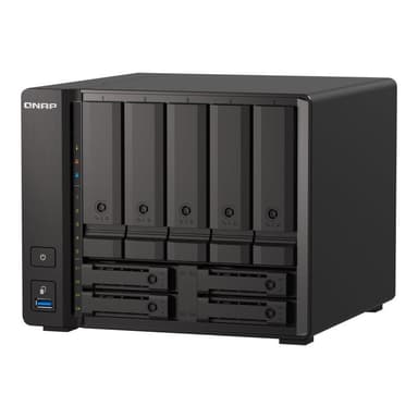 QNAP 9-bay NAS, AMD Ryzen V1500B 4C 8T 2.2GHz, 8GB DDR4 SODIMM, 5 x 2.5″/3.5″ SATA 6Gbps + 2 x 2.5″