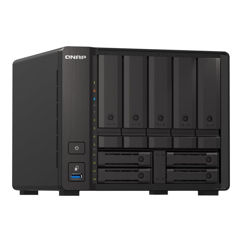 QNAP 9-bay NAS, AMD Ryzen V1500B 4C 8T 2.2GHz, 8GB DDR4 SODIMM, 5 x 2.5″/3.5″ SATA 6Gbps + 2 x 2.5″