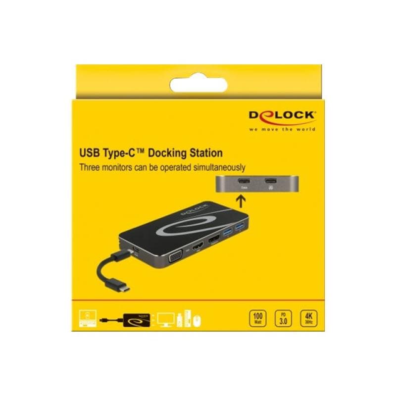 DELOCK USB Type-CT 3.2 Dockingstation 4K HDMI + DP / 1080p VGA, USB Hub und PD 3.0