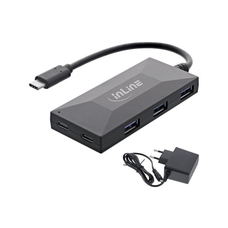 INLINE USB 3.2 Gen 1 OTG Hub, USB Typ-C zu 3 Port Typ-A und 2 Port Typ-C, mit 3A Netzteil Schwarz