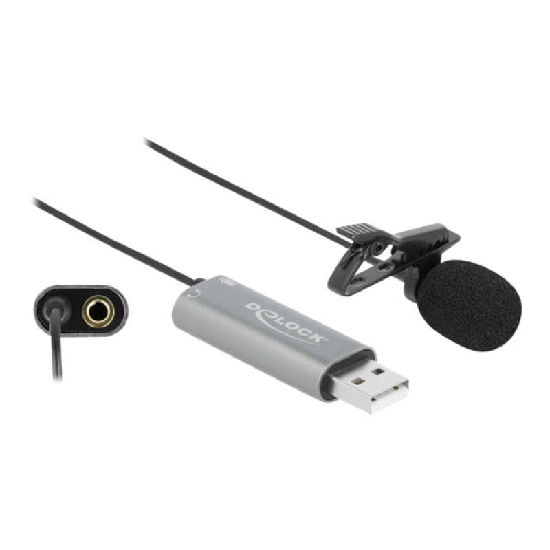 DELOCK USB Krawatten Lavalier Mikrofon Omnidirektional 24 Bit / 192 kHz mit Clip und 3,5 mm Stereokl