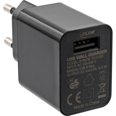 INLINE USB Ladegerät Single, Netzteil, Stromadapter, 100-240V zu 5V/2,5A, schwarz