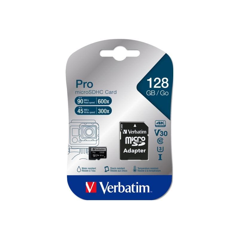 VERBATIM microSDXC Card 128GB 47044 PRO,U3,UHS-I,4K,90MB/s,SD-Adapter