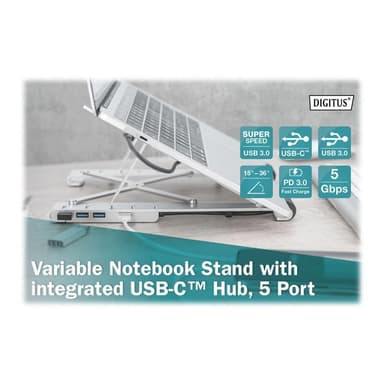 DIGITUS Variabler Notebook-Ständer integr. USB-C Hub,5-Port
