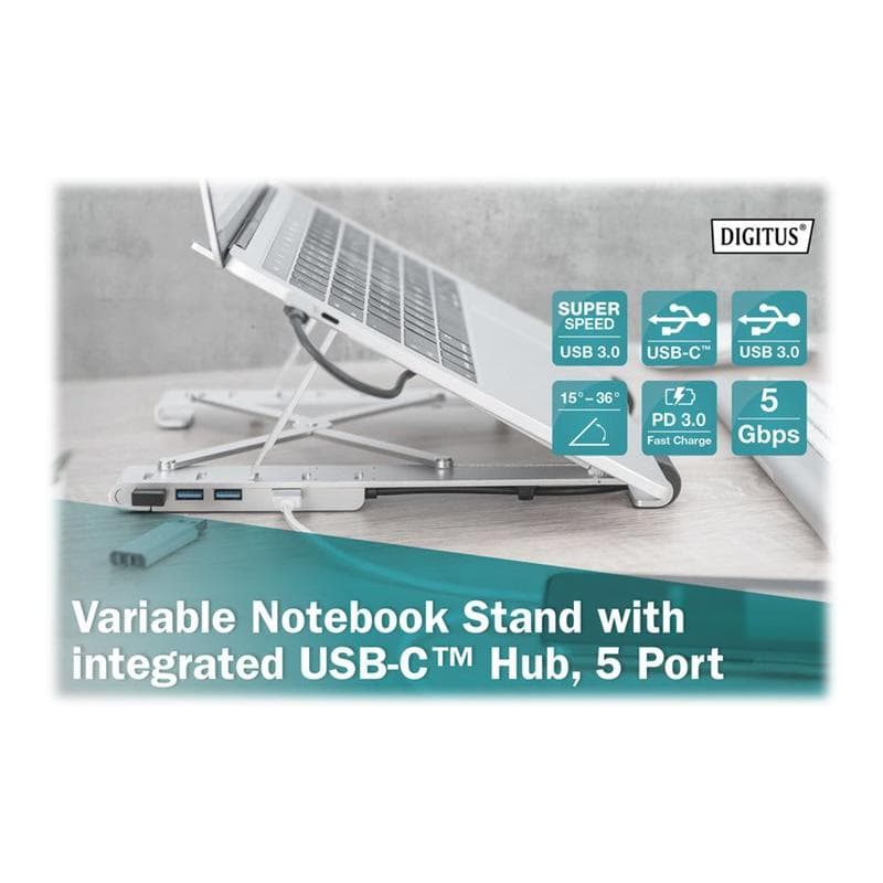 DIGITUS Variabler Notebook-Ständer integr. USB-C Hub,5-Port