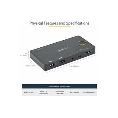 STARTECH.COM 2 Port Hybrid USB-A + HDMI USB-C KVM-Switch Einzelner 4K 60Hz HDMI 2.0 Monitor Kompakte