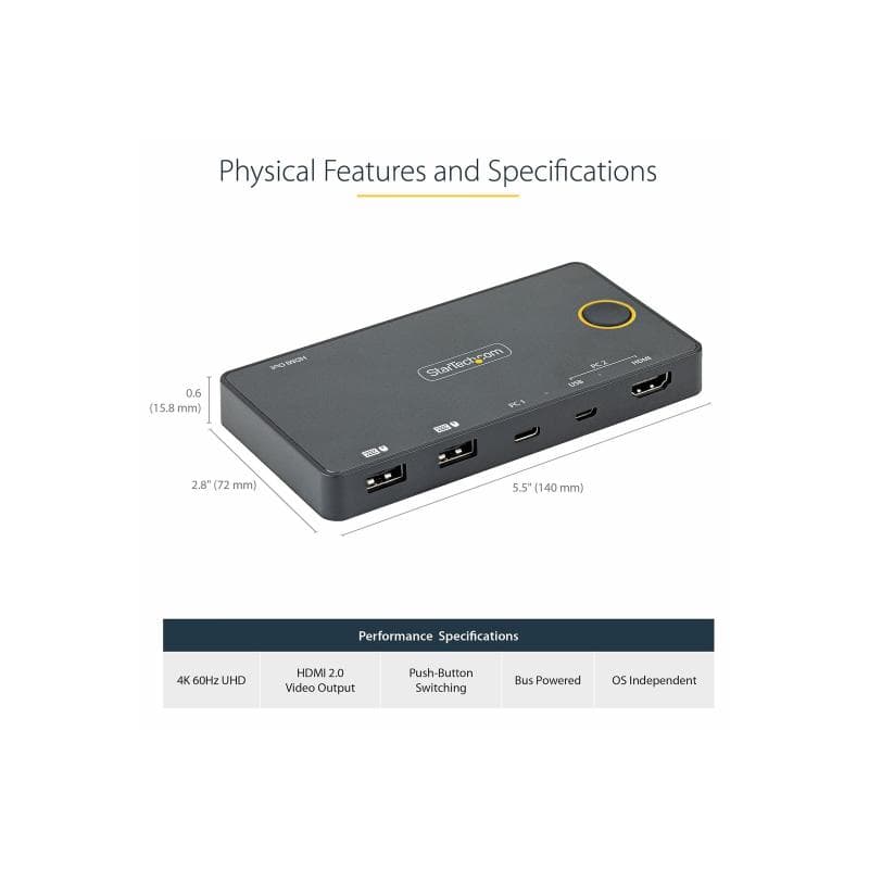 STARTECH.COM 2 Port Hybrid USB-A + HDMI USB-C KVM-Switch Einzelner 4K 60Hz HDMI 2.0 Monitor Kompakte