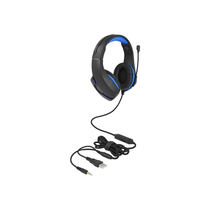 DELOCK Gaming Headset Over-Ear mit 3,5 mm Klinkenstecker und blauem LED Licht für PC