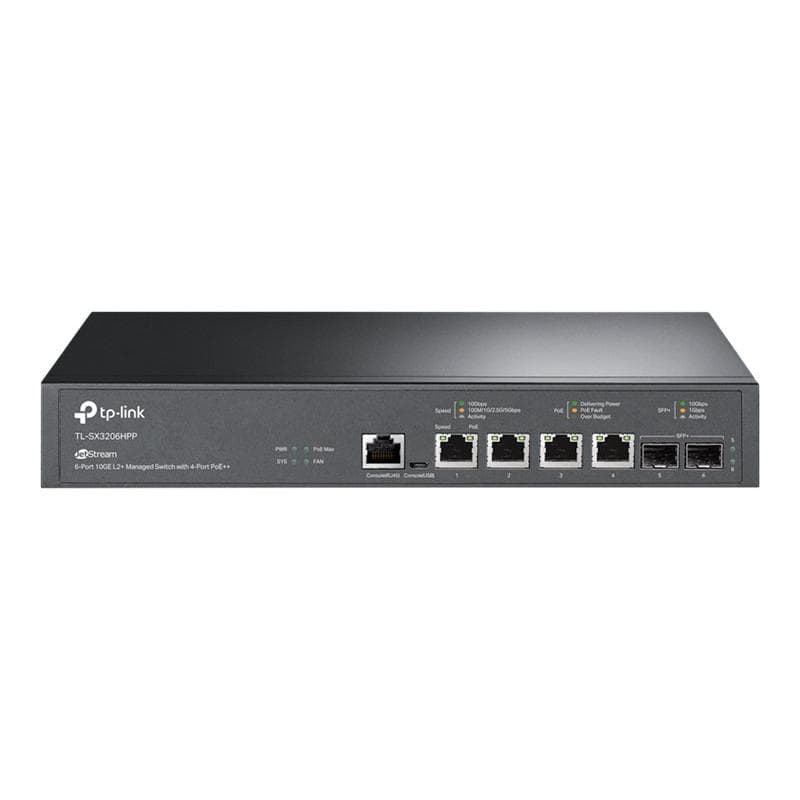 TP-LINK JetStream? 4-Port 10GBase-T and 2-Port 10GE SFP+ L2+ Managed Switch with 4-Port PoE++