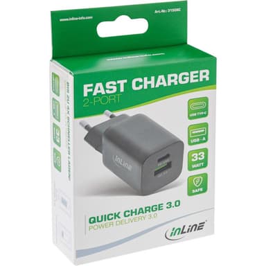 INLINE USB Netzteil, Ladegerät, USB-A + USB Typ-C, 33W, Power Delivery